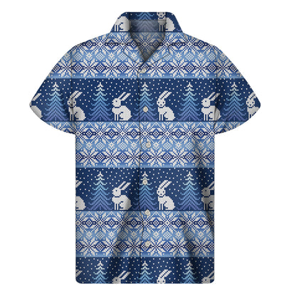 Snow Rabbit Knitted Pattern Print Men's Short Sleeve Shirt