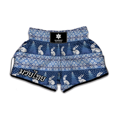 Snow Rabbit Knitted Pattern Print Muay Thai Boxing Shorts