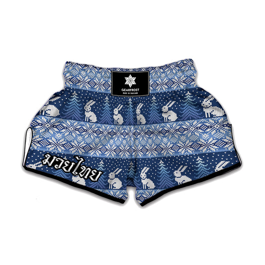 Snow Rabbit Knitted Pattern Print Muay Thai Boxing Shorts