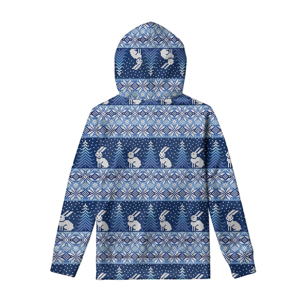 Snow Rabbit Knitted Pattern Print Pullover Hoodie