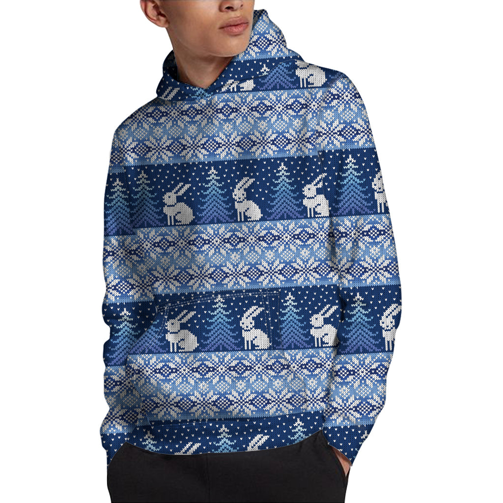Snow Rabbit Knitted Pattern Print Pullover Hoodie