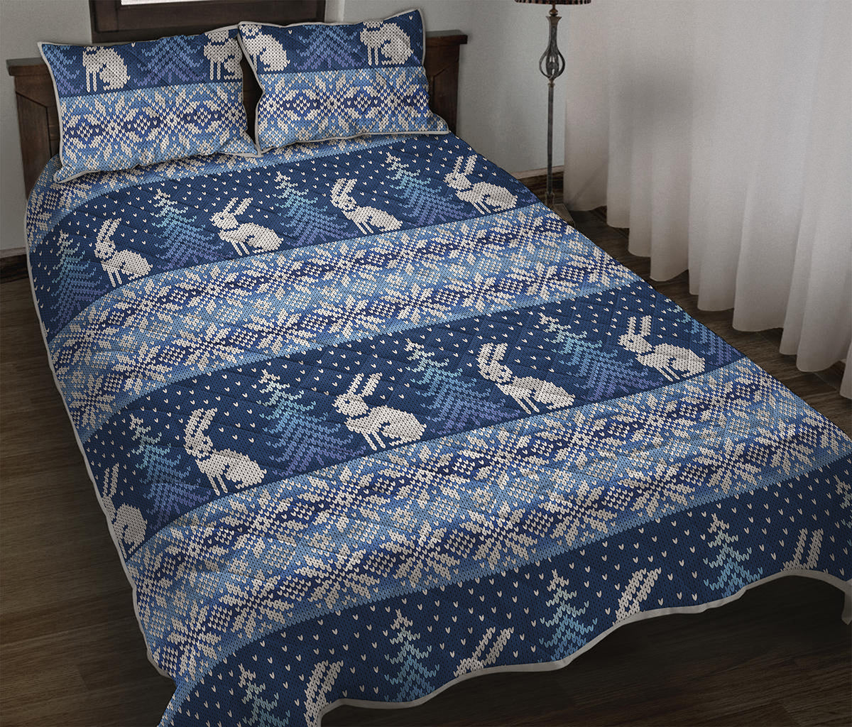 Snow Rabbit Knitted Pattern Print Quilt Bed Set