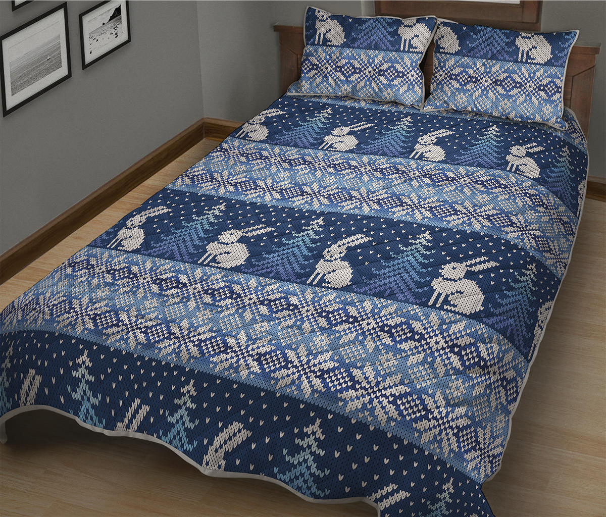 Snow Rabbit Knitted Pattern Print Quilt Bed Set