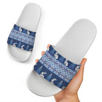 Snow Rabbit Knitted Pattern Print White Slide Sandals