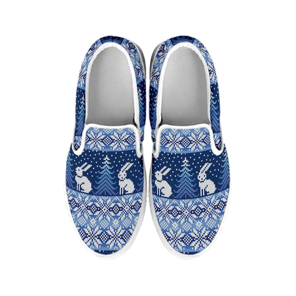 Snow Rabbit Knitted Pattern Print White Slip On Shoes