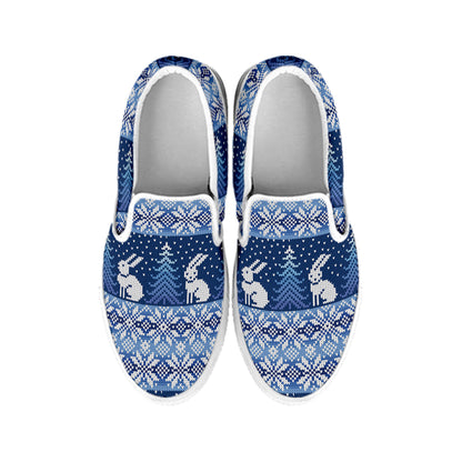 Snow Rabbit Knitted Pattern Print White Slip On Shoes