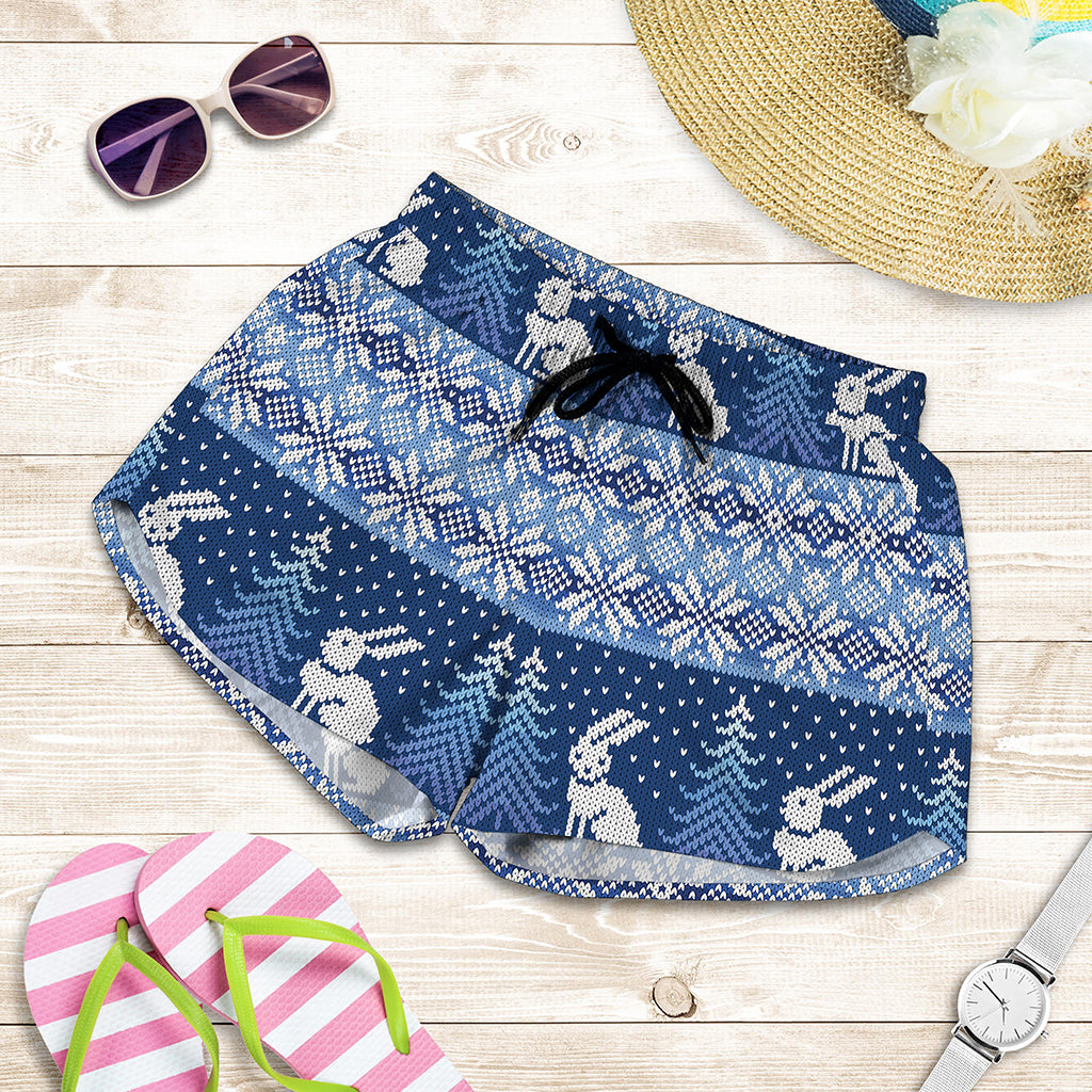 Snow Rabbit Knitted Pattern Print Women's Shorts