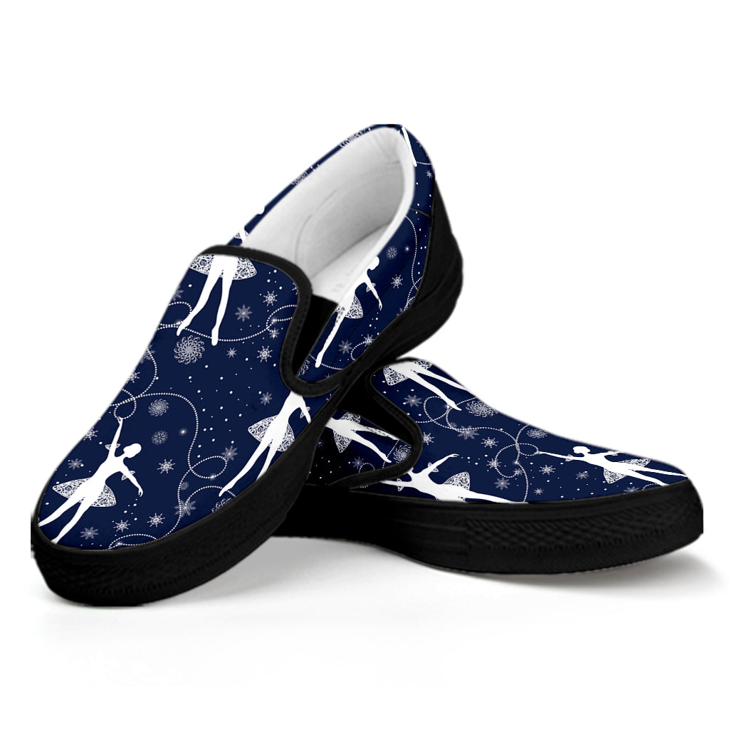 Snowflake Ballet Pattern Print Black Slip On Shoes