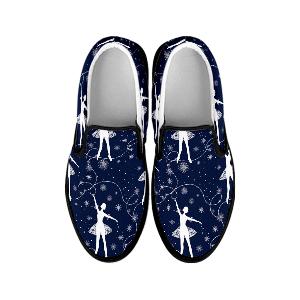 Snowflake Ballet Pattern Print Black Slip On Shoes