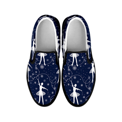 Snowflake Ballet Pattern Print Black Slip On Shoes