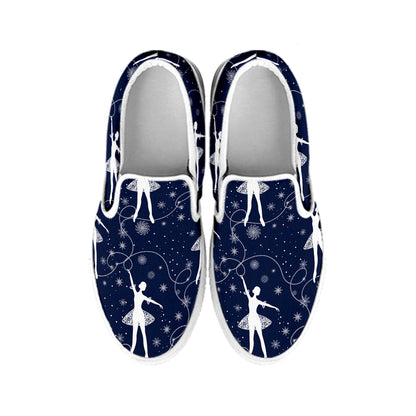 Snowflake Ballet Pattern Print White Slip On Shoes