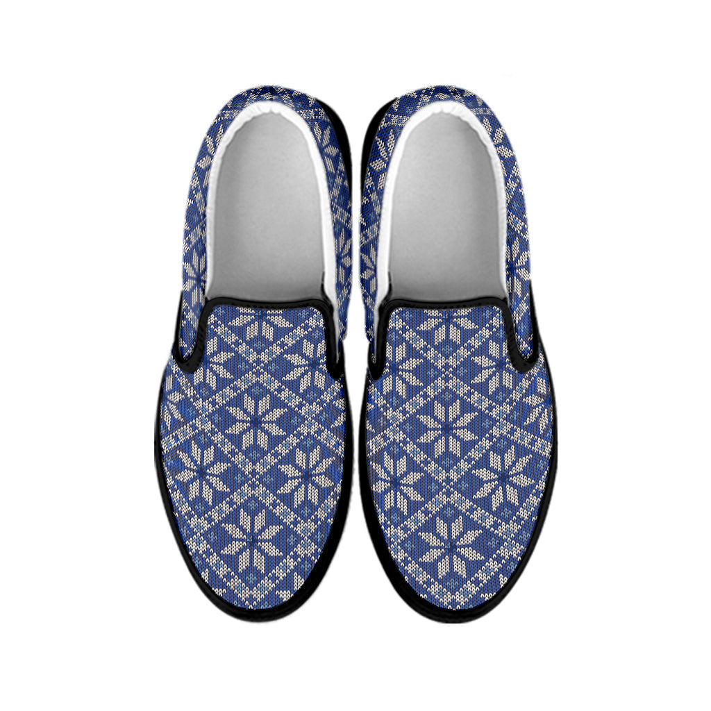 Snowflakes Knitted Pattern Print Black Slip On Shoes