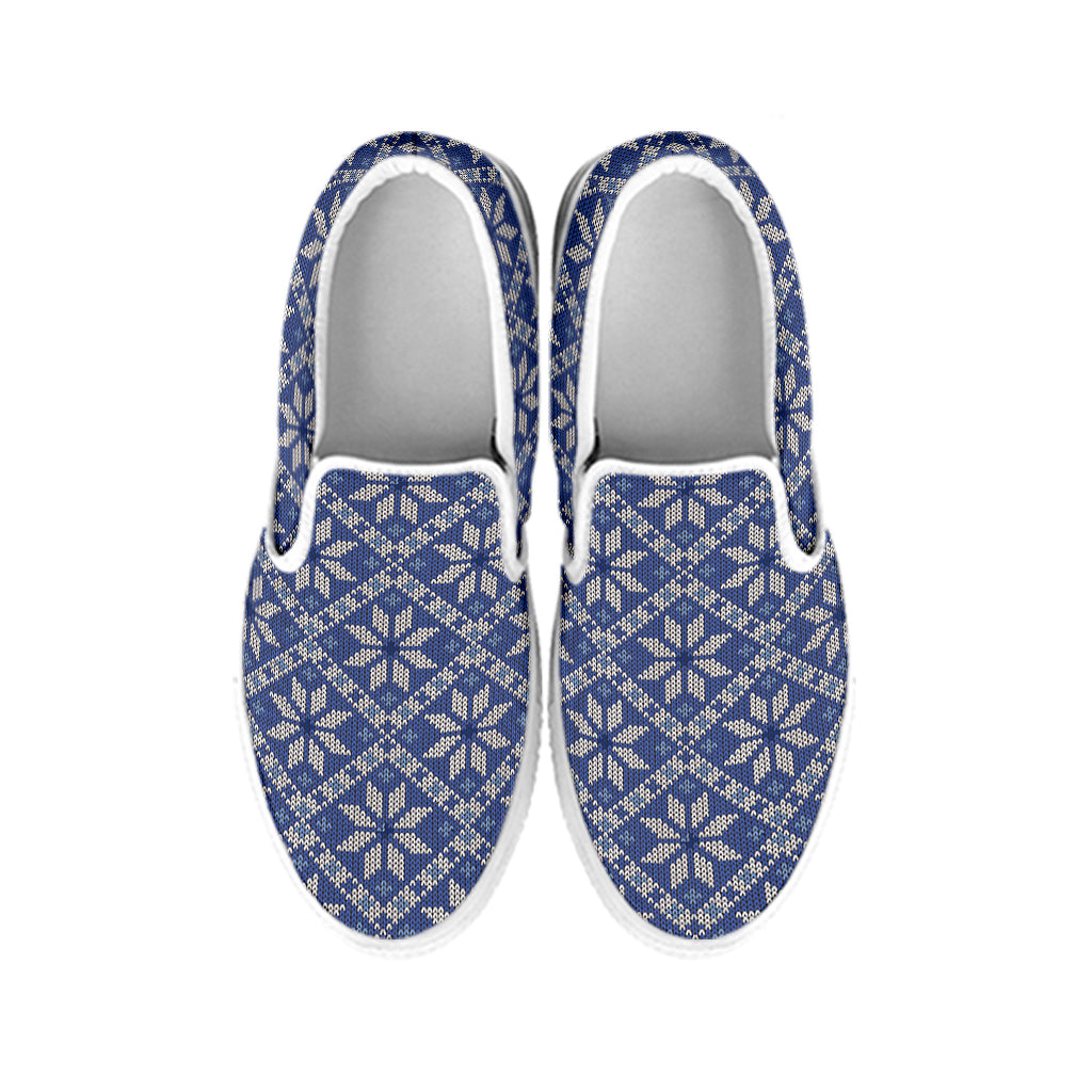 Snowflakes Knitted Pattern Print White Slip On Shoes