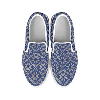 Snowflakes Knitted Pattern Print White Slip On Shoes