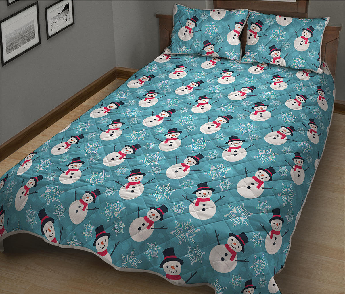 Snowman And Snowflake Pattern Print Quilt Bed Set