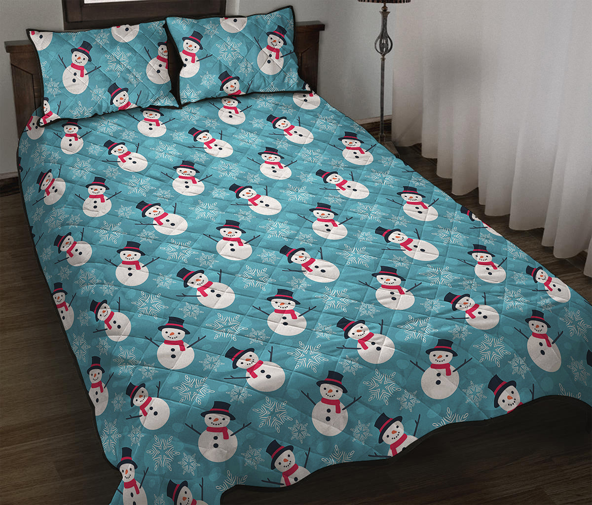 Snowman And Snowflake Pattern Print Quilt Bed Set
