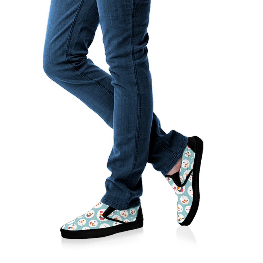 Snowman Emoji Pattern Print Black Slip On Shoes