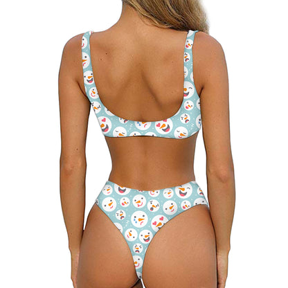 Snowman Emoji Pattern Print Front Bow Tie Bikini