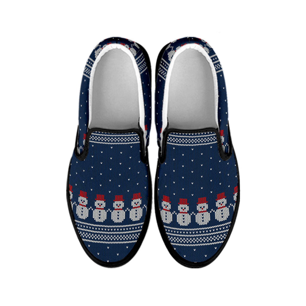 Snowman Knitted Pattern Print Black Slip On Shoes