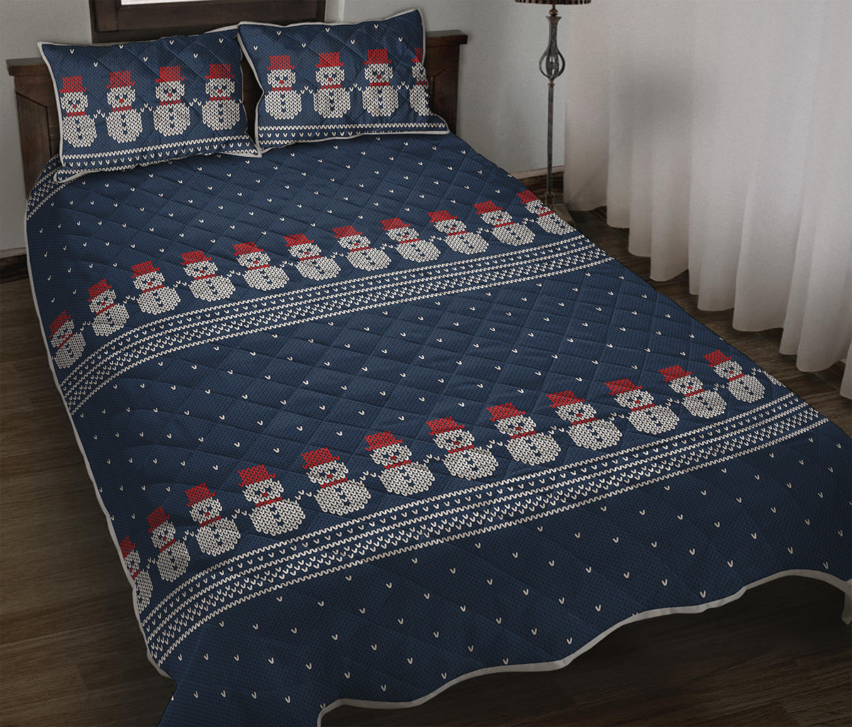 Snowman Knitted Pattern Print Quilt Bed Set