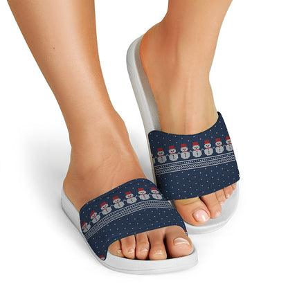 Snowman Knitted Pattern Print White Slide Sandals