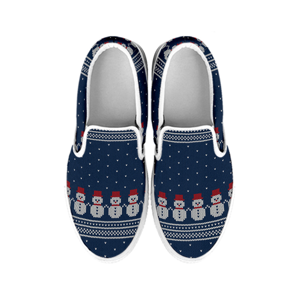 Snowman Knitted Pattern Print White Slip On Shoes