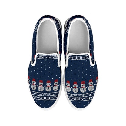 Snowman Knitted Pattern Print White Slip On Shoes