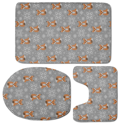 Snowy Fox Knitted Pattern Print 3 Piece Bath Mat Set