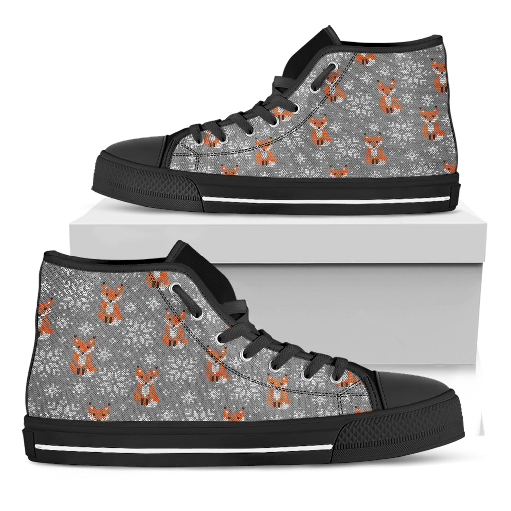Snowy Fox Knitted Pattern Print Black High Top Shoes