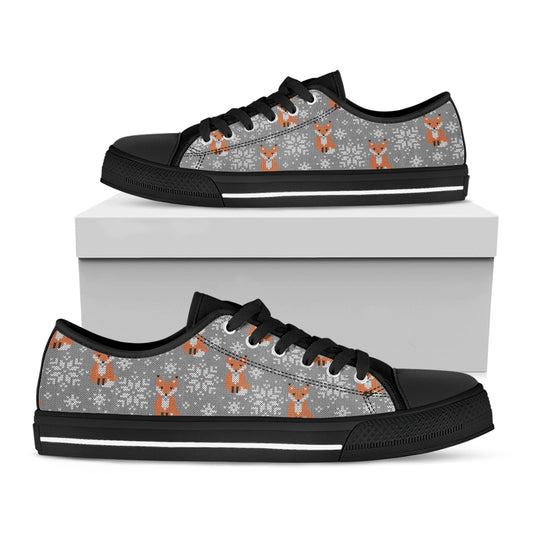 Snowy Fox Knitted Pattern Print Black Low Top Shoes