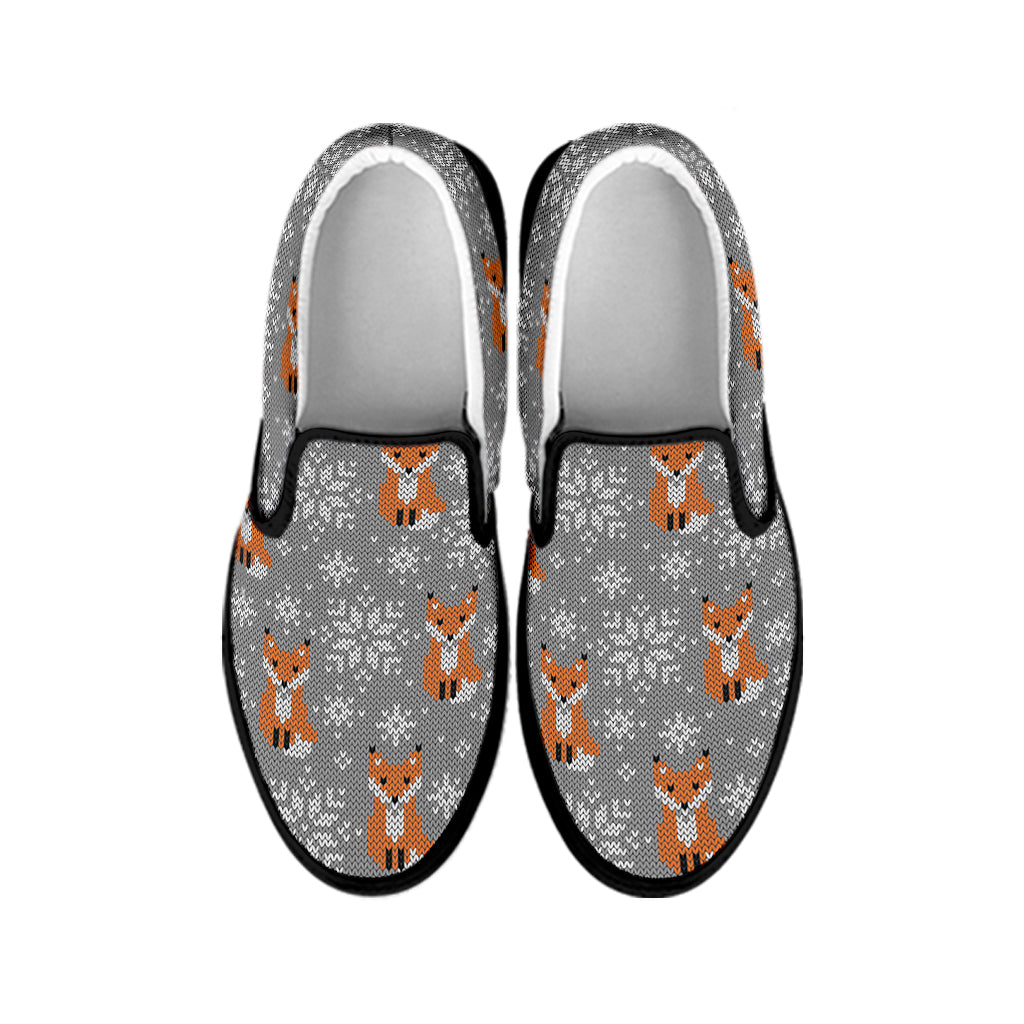 Snowy Fox Knitted Pattern Print Black Slip On Shoes