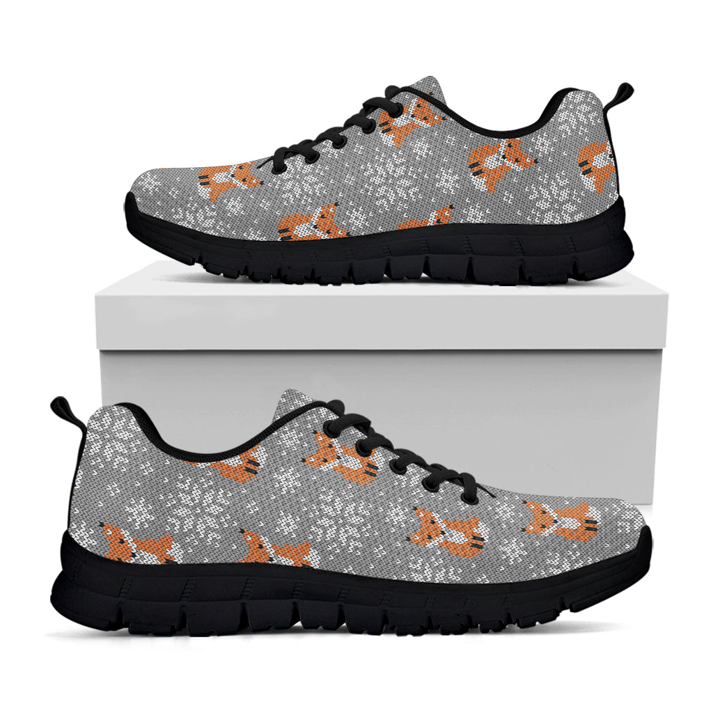 Snowy Fox Knitted Pattern Print Black Sneakers