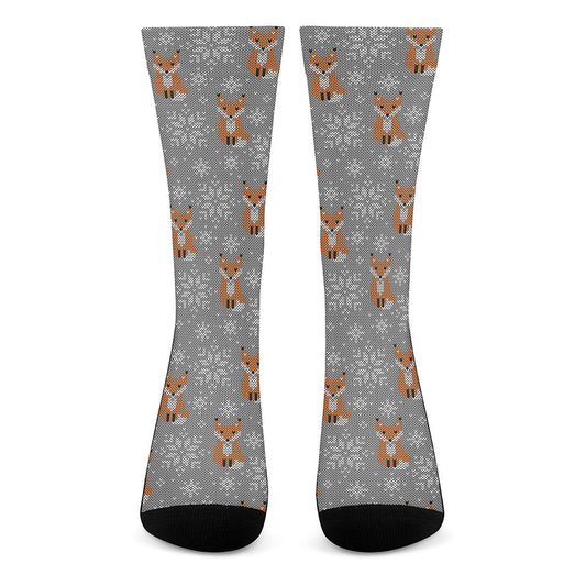 Snowy Fox Knitted Pattern Print Crew Socks