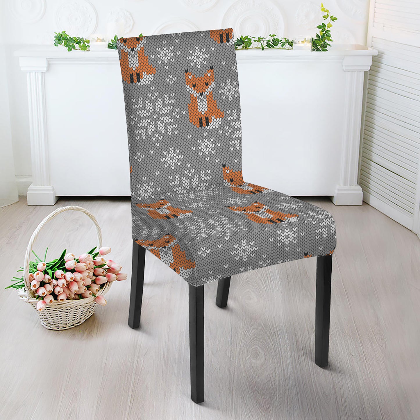 Snowy Fox Knitted Pattern Print Dining Chair Slipcover