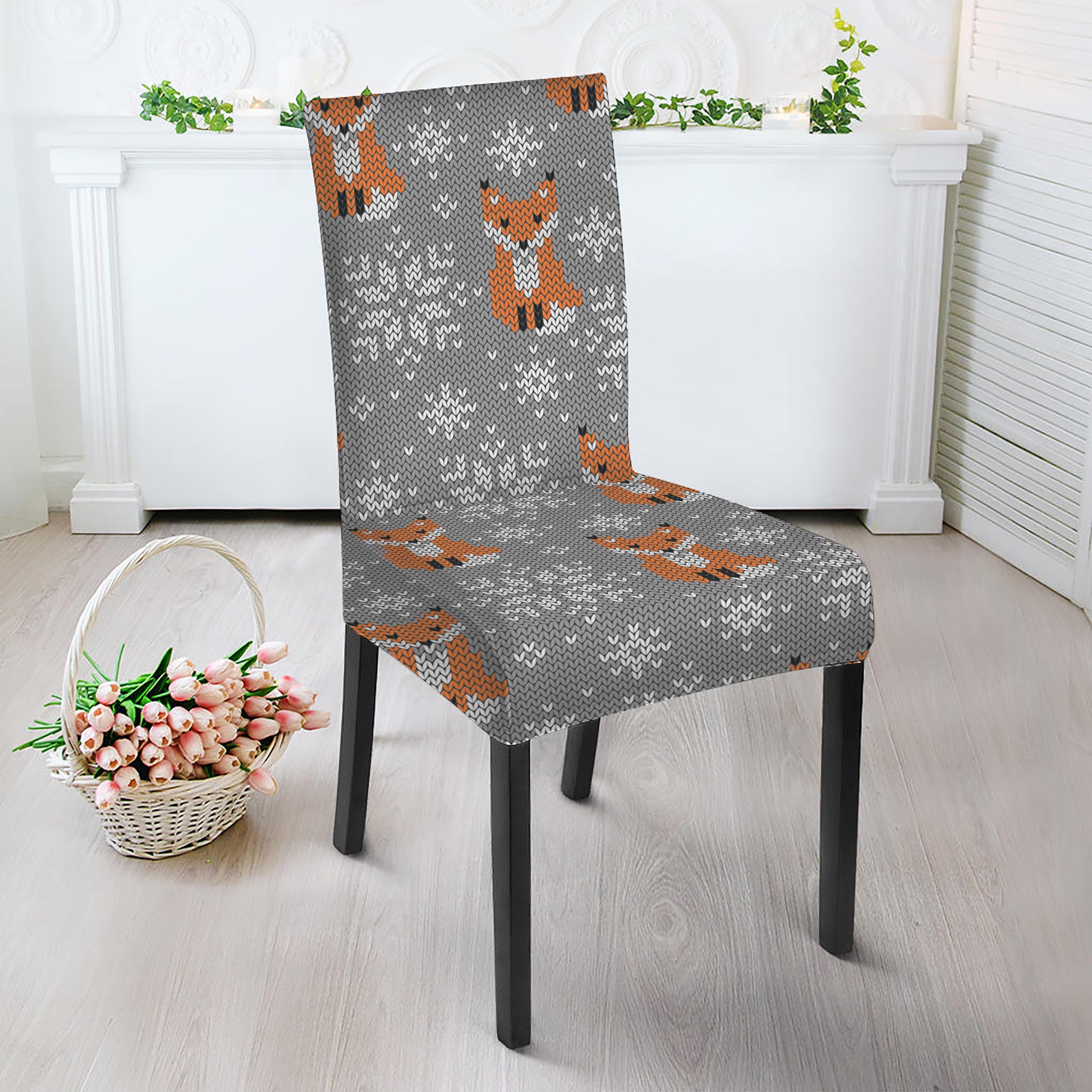 Snowy Fox Knitted Pattern Print Dining Chair Slipcover