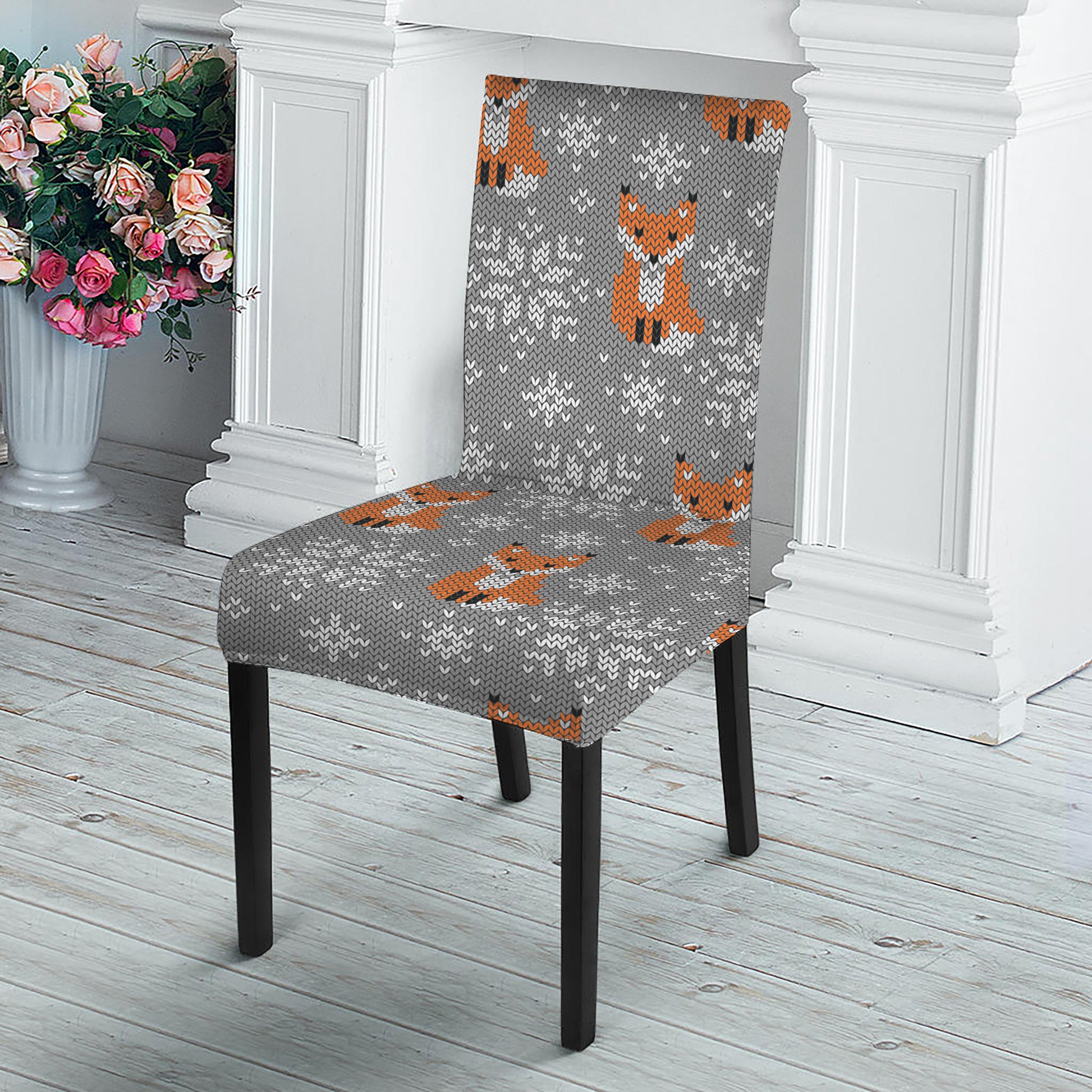 Snowy Fox Knitted Pattern Print Dining Chair Slipcover