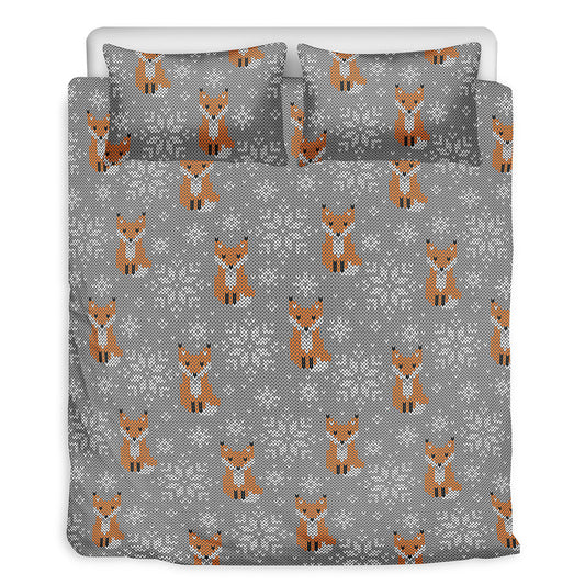 Snowy Fox Knitted Pattern Print Duvet Cover Bedding Set