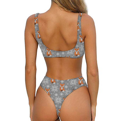Snowy Fox Knitted Pattern Print Front Bow Tie Bikini