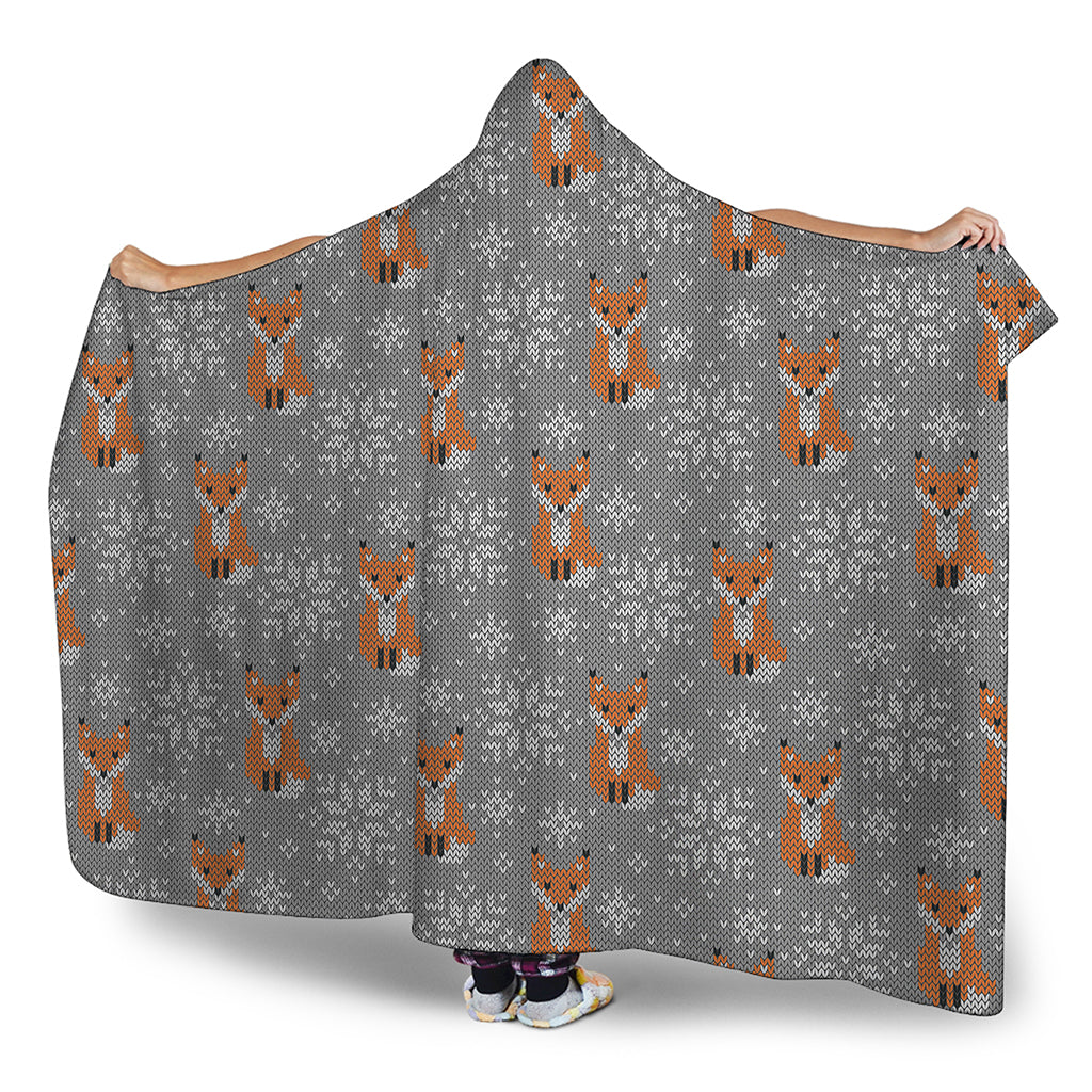 Snowy Fox Knitted Pattern Print Hooded Blanket