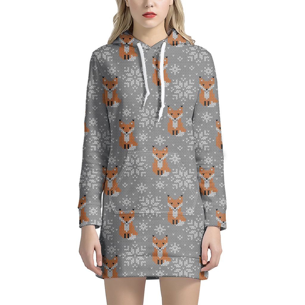 Snowy Fox Knitted Pattern Print Hoodie Dress