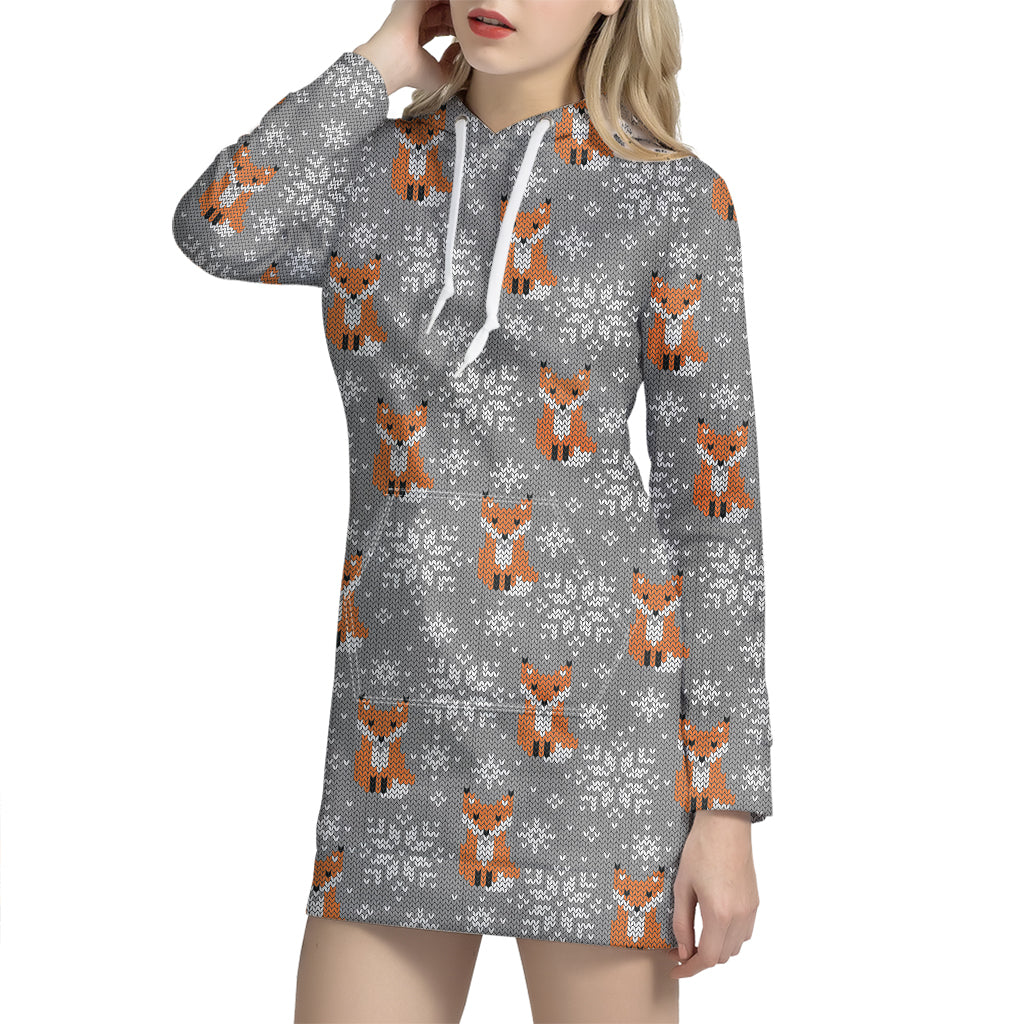 Snowy Fox Knitted Pattern Print Hoodie Dress
