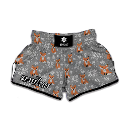 Snowy Fox Knitted Pattern Print Muay Thai Boxing Shorts