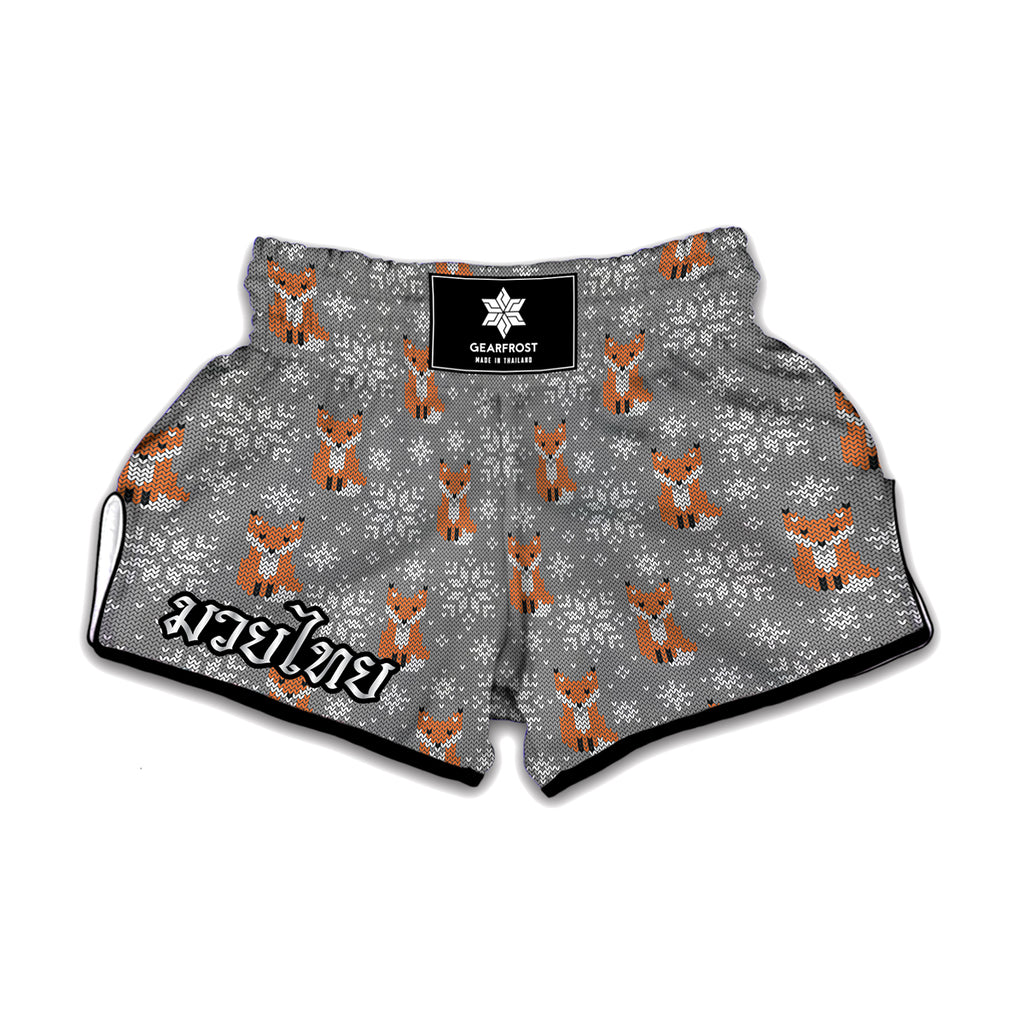 Snowy Fox Knitted Pattern Print Muay Thai Boxing Shorts
