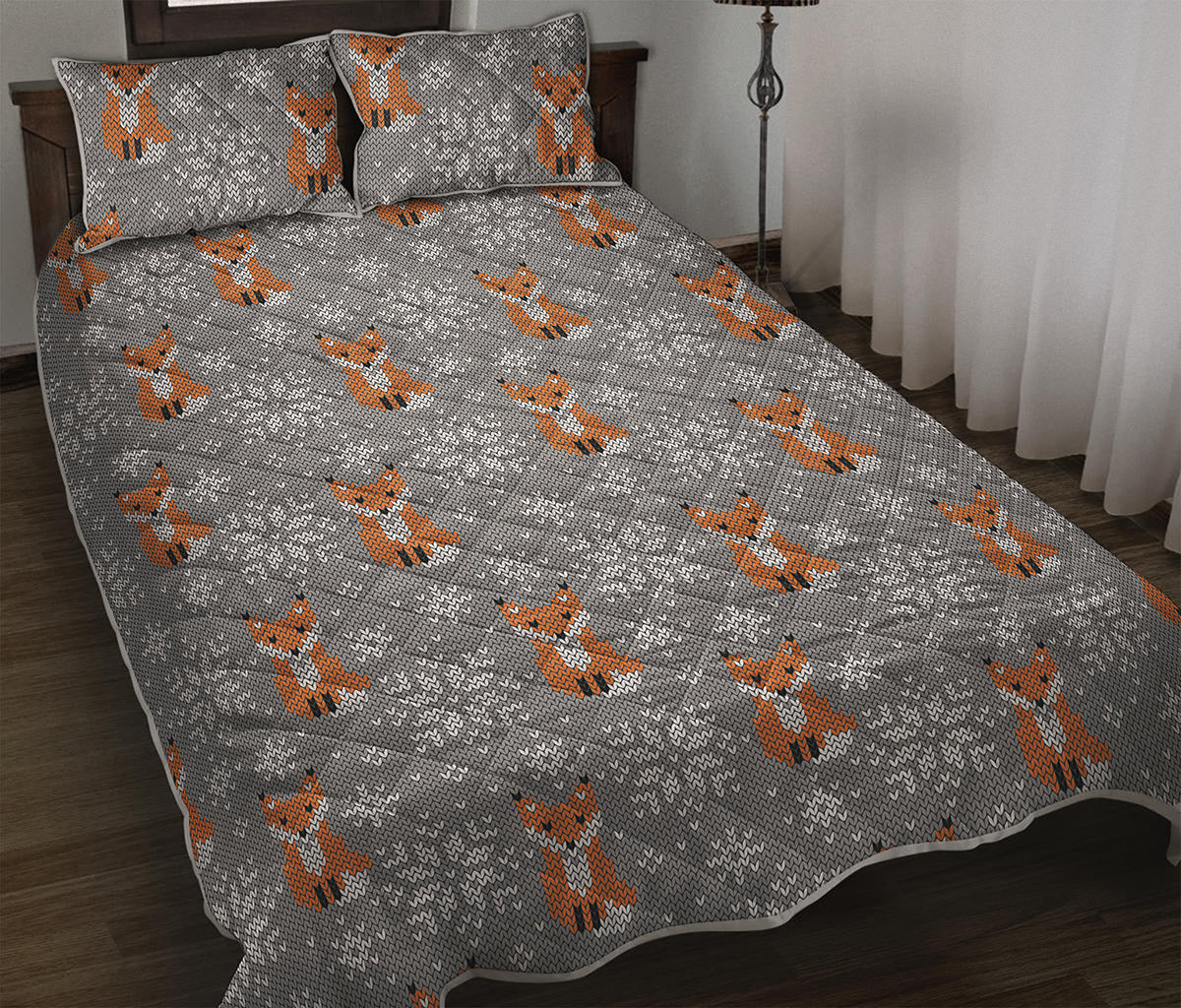 Snowy Fox Knitted Pattern Print Quilt Bed Set