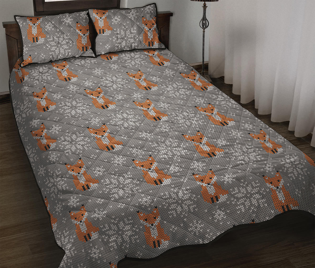 Snowy Fox Knitted Pattern Print Quilt Bed Set