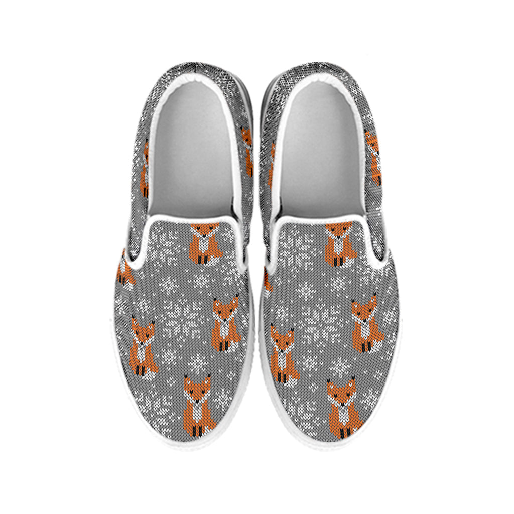 Snowy Fox Knitted Pattern Print White Slip On Shoes