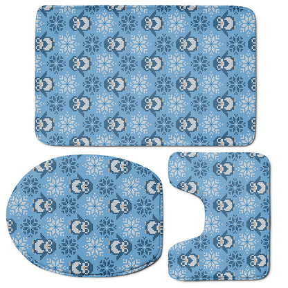Snowy Penguin Knitted Pattern Print 3 Piece Bath Mat Set