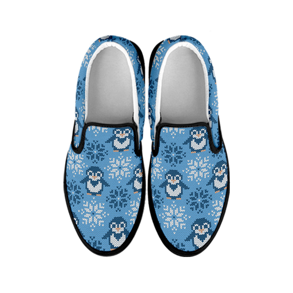 Snowy Penguin Knitted Pattern Print Black Slip On Shoes