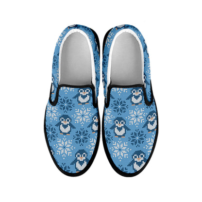 Snowy Penguin Knitted Pattern Print Black Slip On Shoes