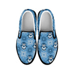 Snowy Penguin Knitted Pattern Print Black Slip On Shoes